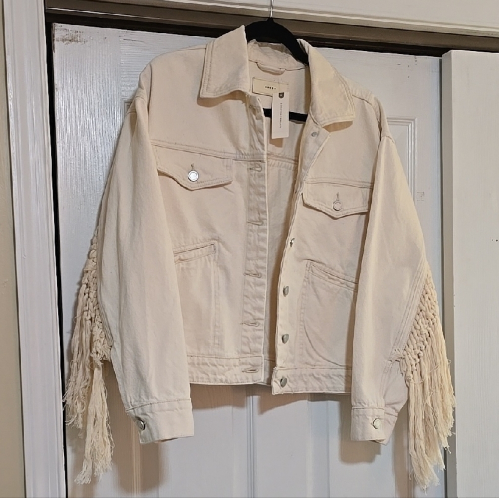 Anthropologie Fringe Cream Denim Jacket Size M